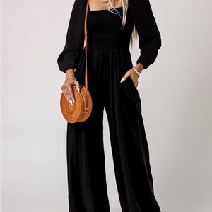Black Wide-Leg Jumpsuit with Smocked Bodice